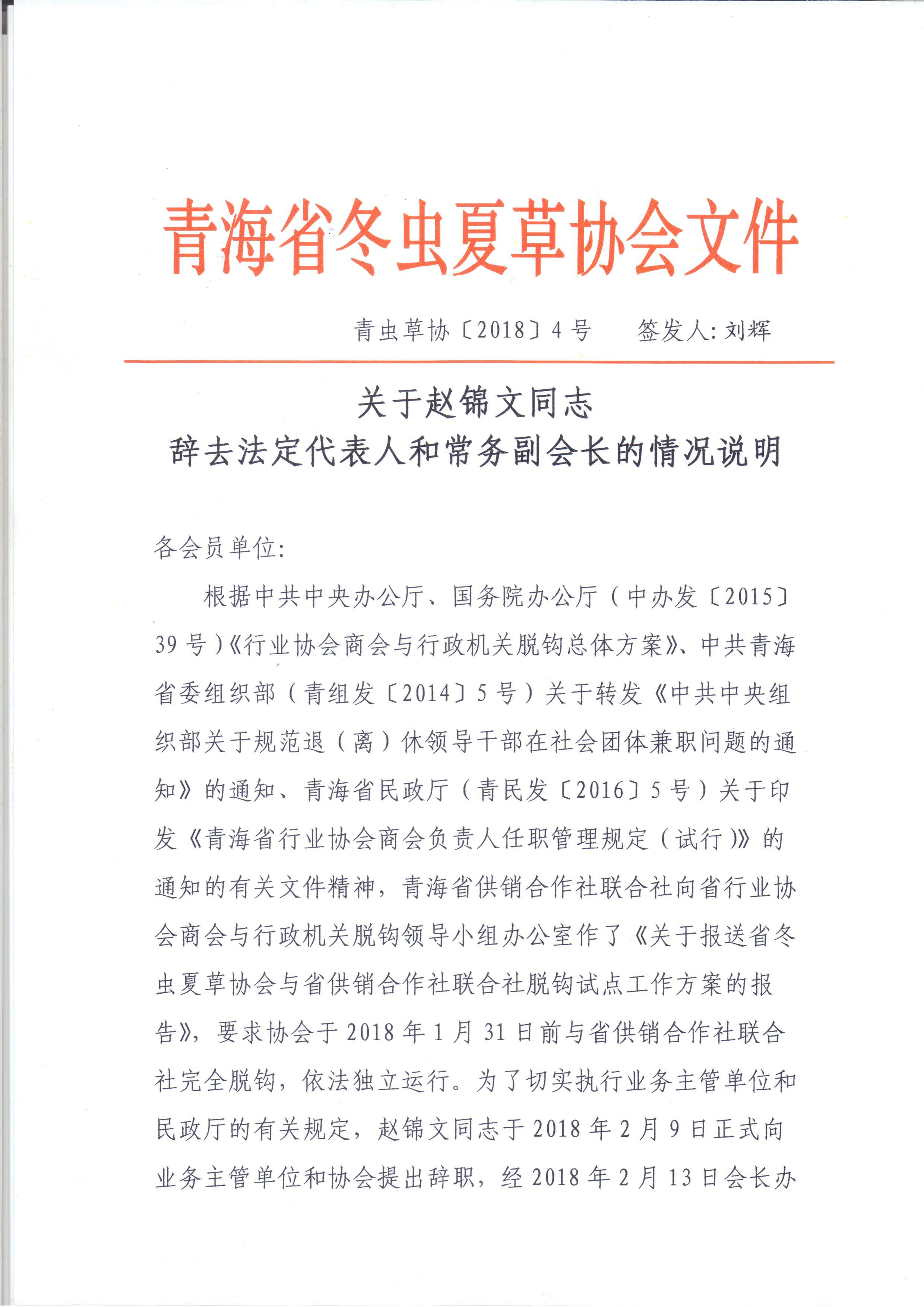 关于赵锦文同志辞去法定代表人和常务副会长的情况说明